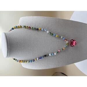 Art Glass Colorful Beaded Necklace with Red Heart Pendant